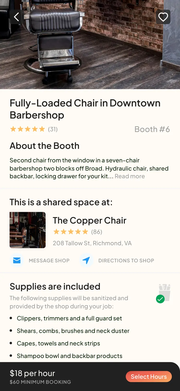 PUSH app — booth detail with hourly rate, minimum, host shop and supplies