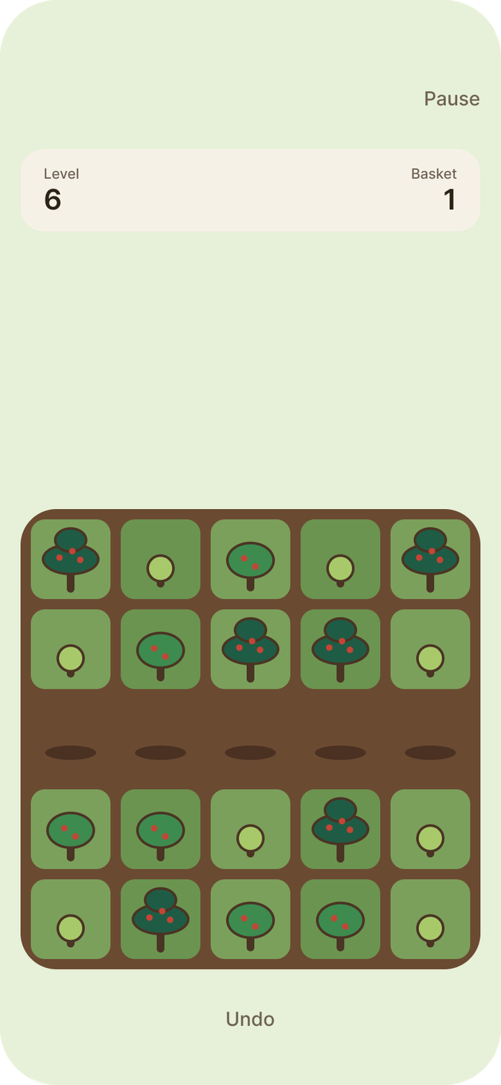 Grove Ridge on a phone: a 5x5 orchard of sprouts, crowns and tall standard trees in the Heirloom look