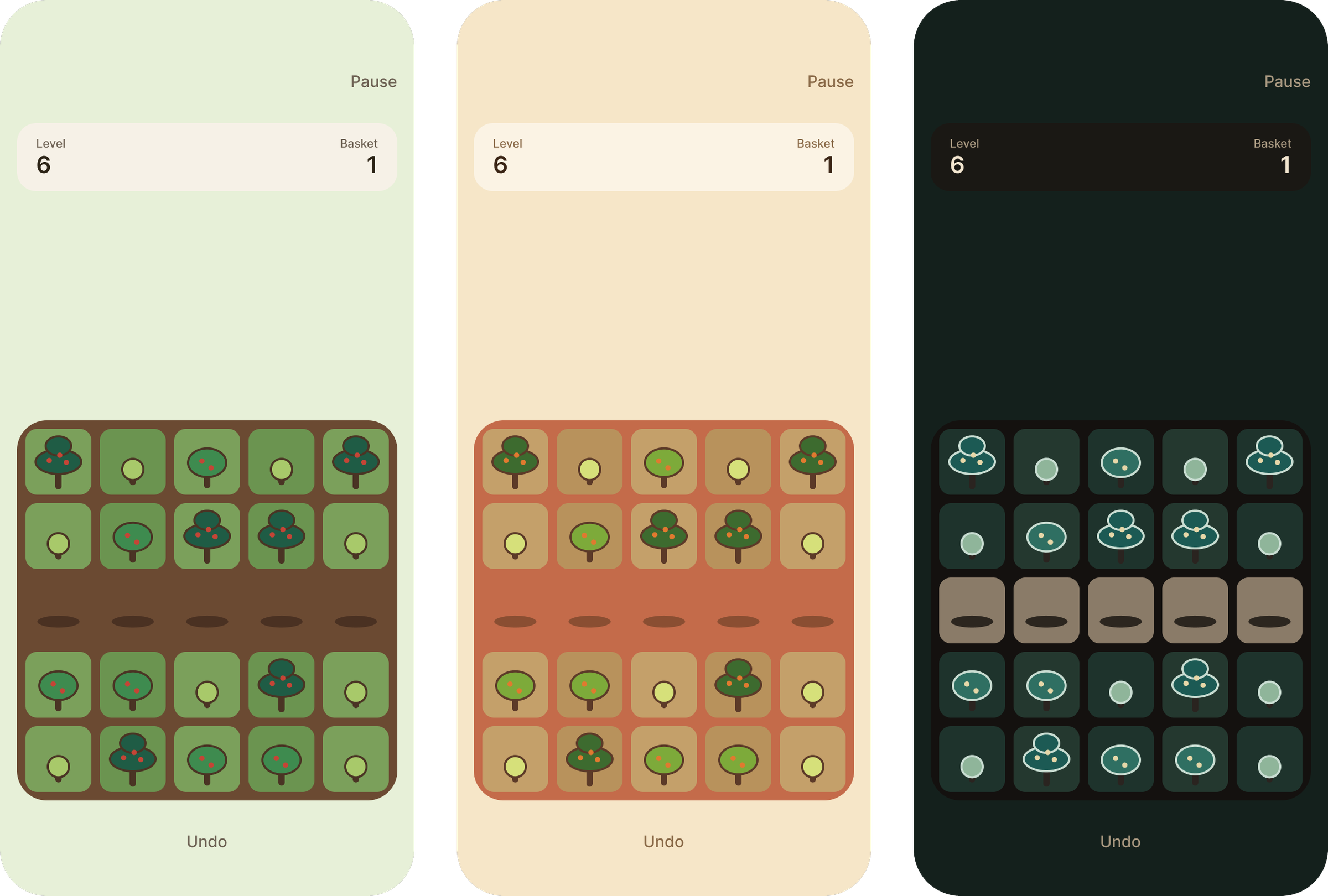 Three phones showing the same orchard in the Heirloom, Grove Gold and Lantern Night skins