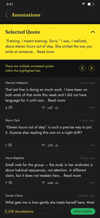 Monocle app — annotations on a selected quote from four readers