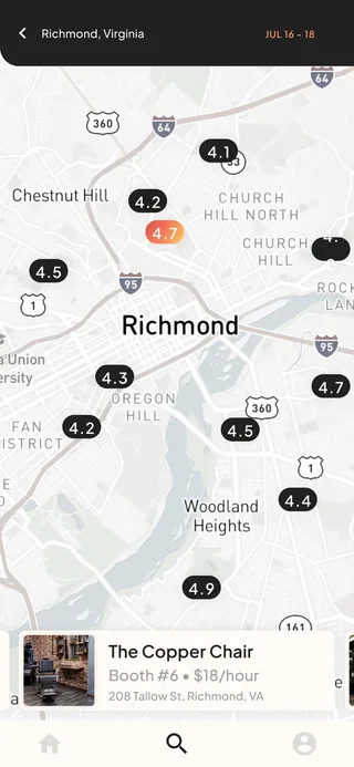 PUSH app — booth map of Richmond with a selected pin and listing card