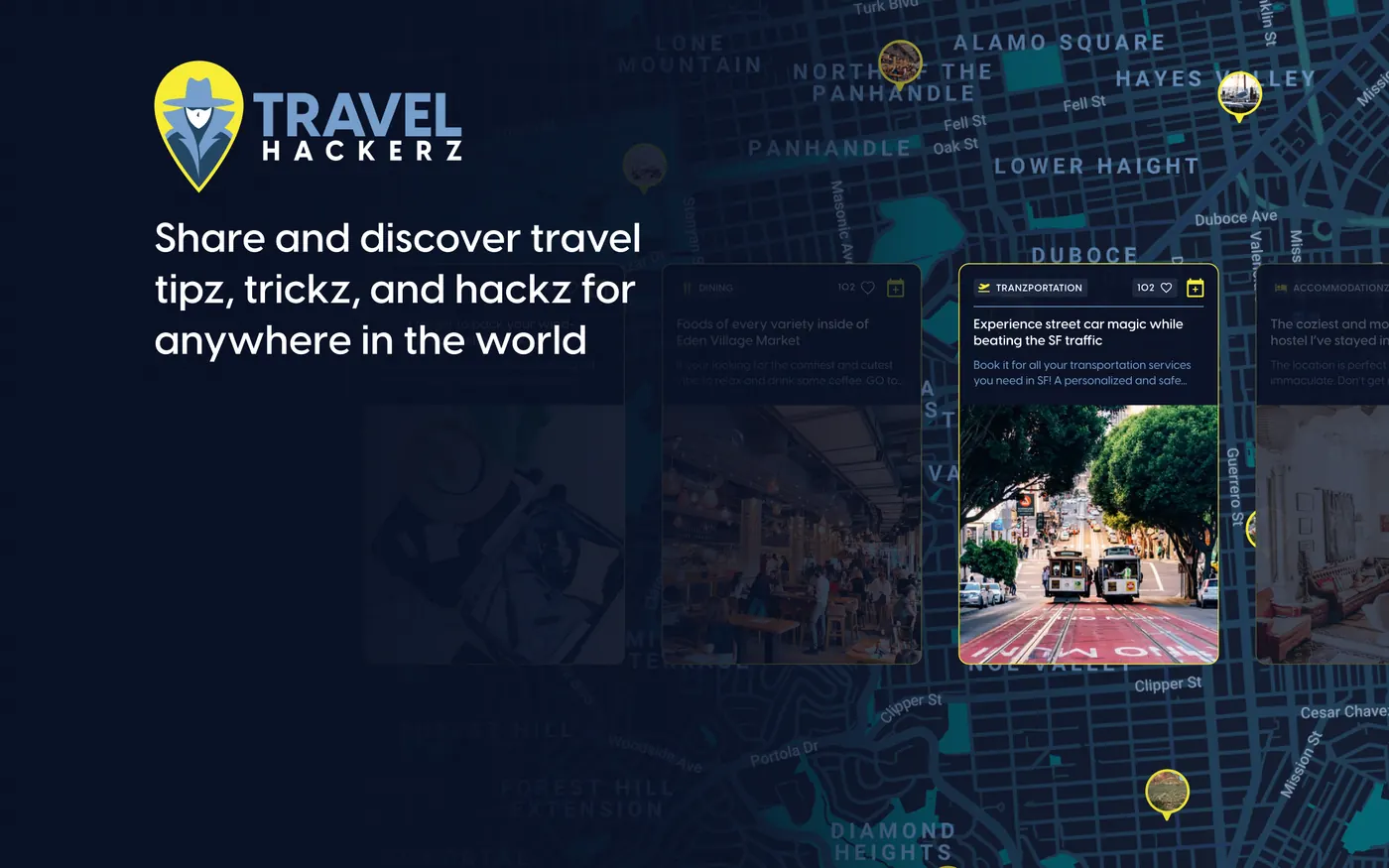 Travel Hackerz app — the marketing site hero with hack cards over the branded map