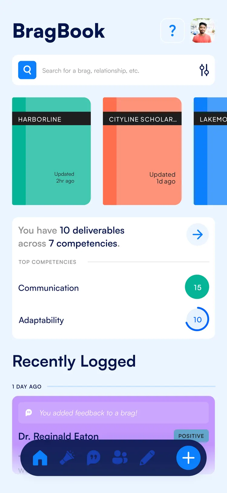 BragBook app — home shelf of organizations with the recent activity feed