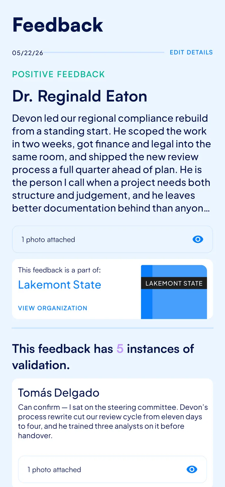 BragBook app — colleague feedback with photo proof and counted validations