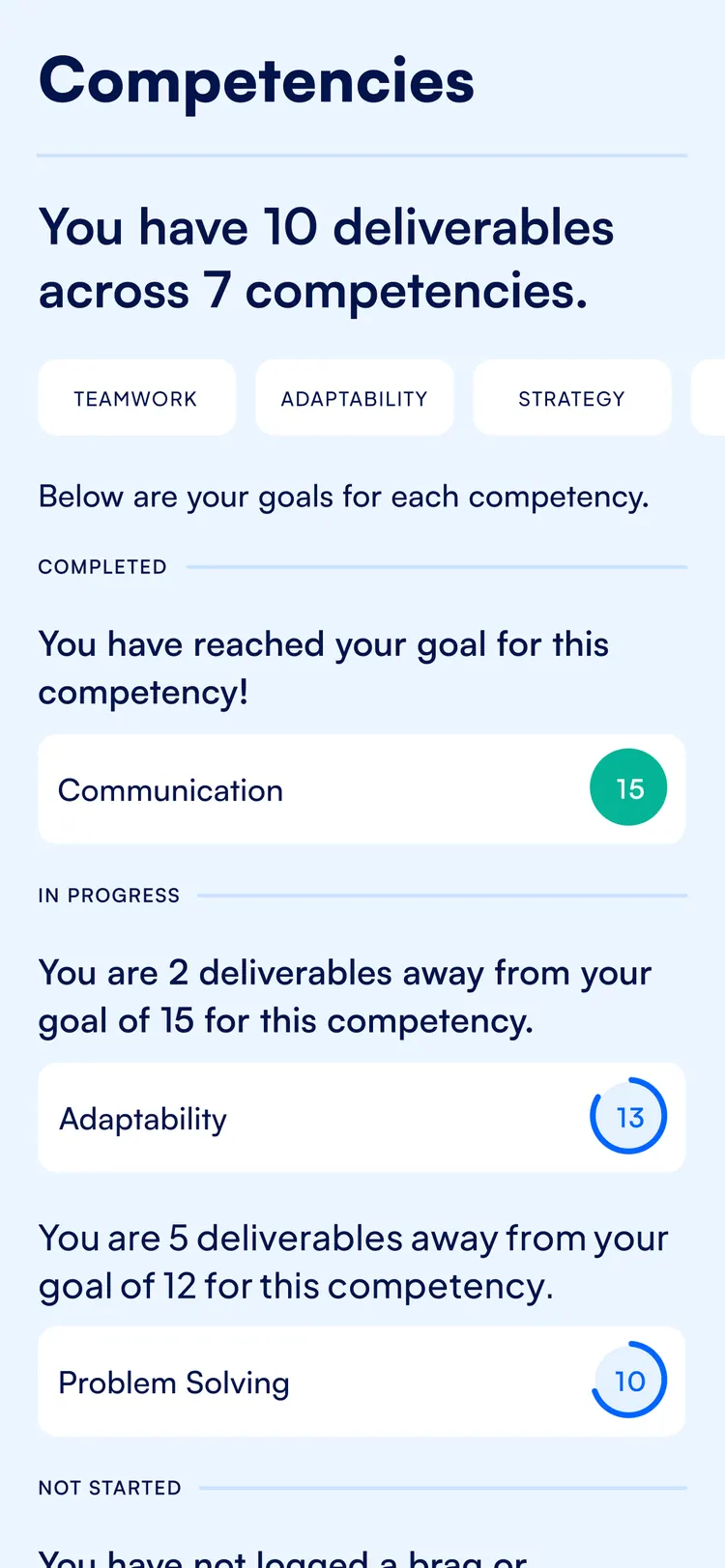 BragBook app — per-competency goal progress with deliverables remaining