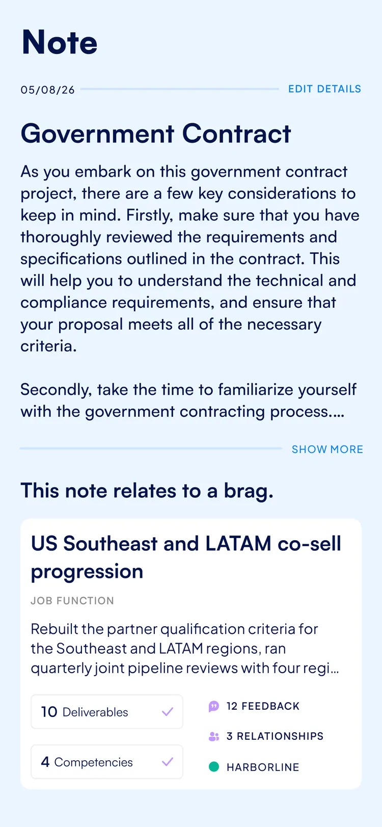 BragBook app — note detail capturing a government contract win