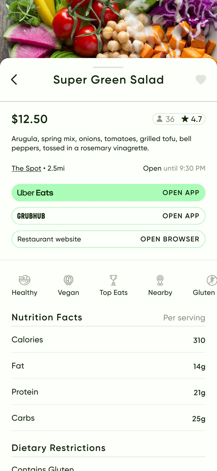 Scrilla app — dish detail comparing delivery platforms alongside nutrition facts