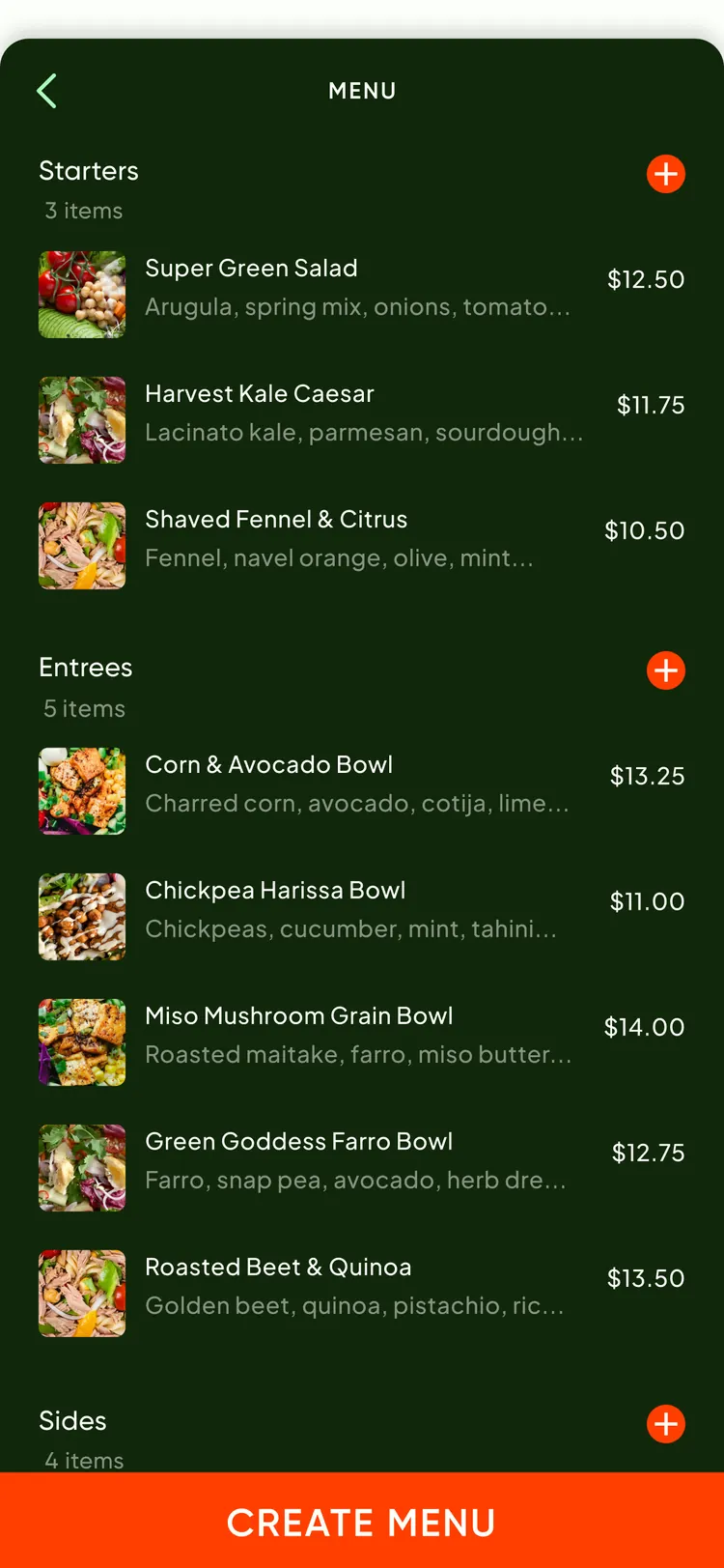 Scrilla app — menu management listing starters, entrees and sides with prices
