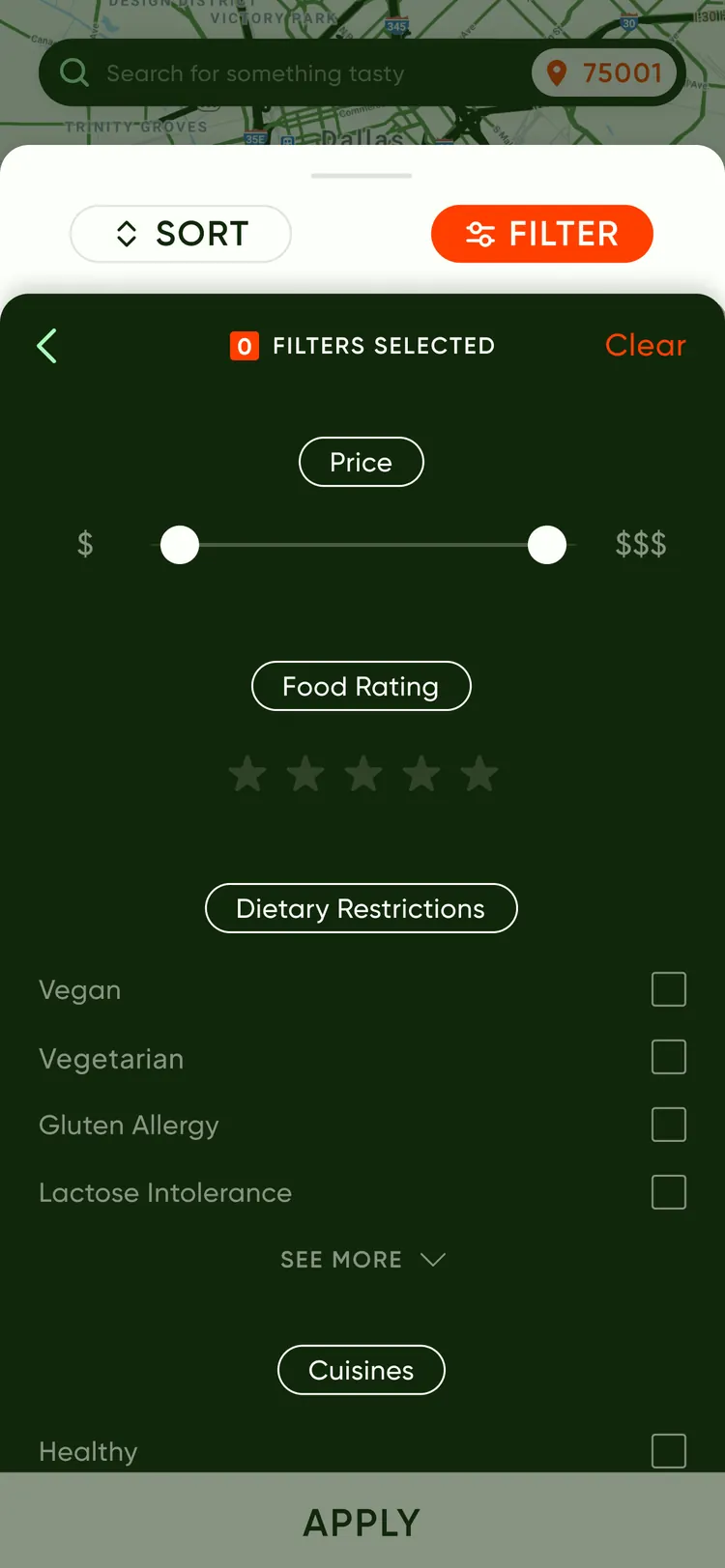 Scrilla app — filter panel with price, rating, dietary and cuisine controls