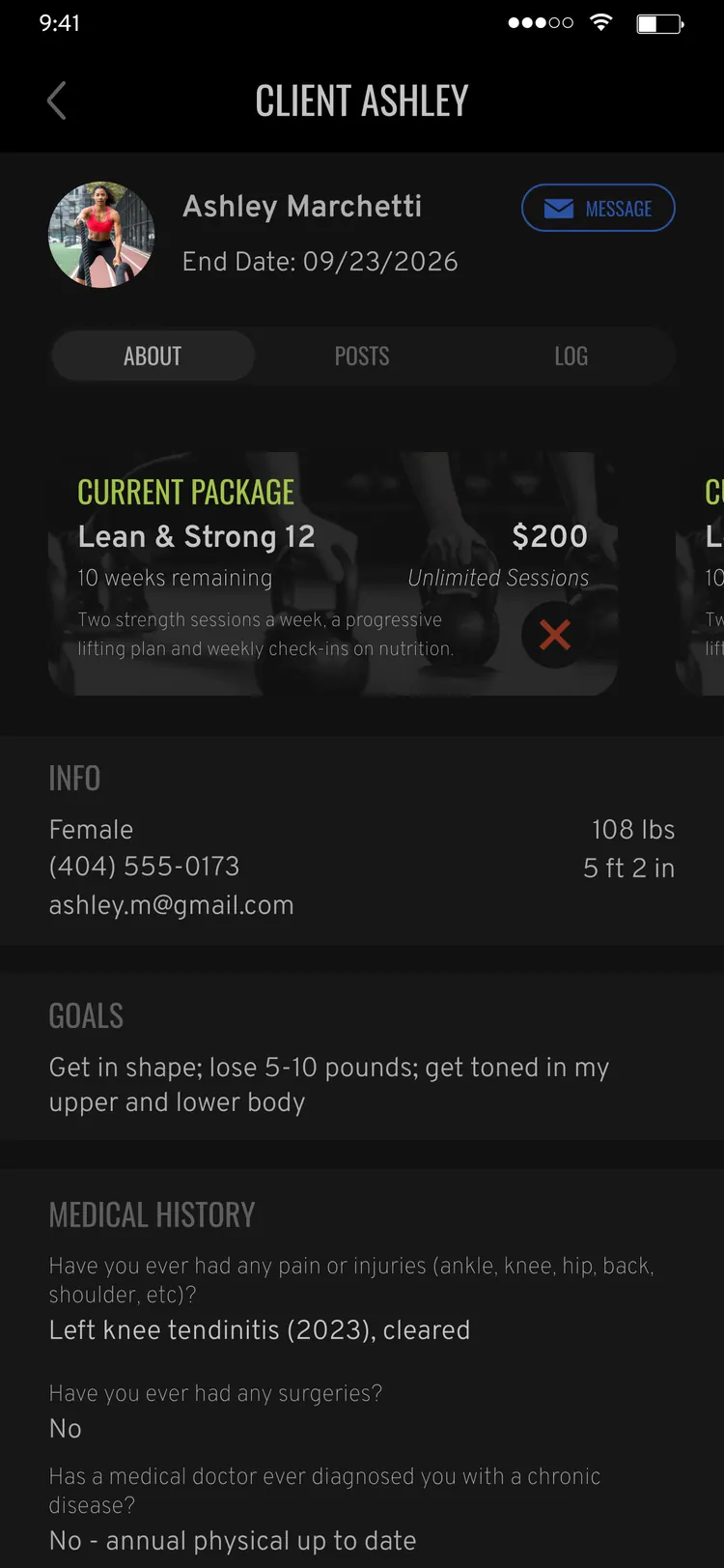 The Gift Fitness app — trainer's client record with package, body metrics and medical intake