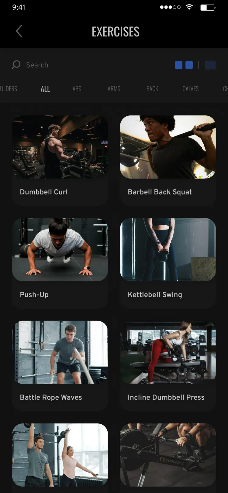 The Gift Fitness app — exercise library filtered by category