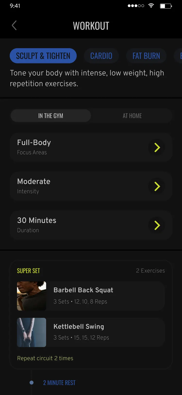The Gift Fitness app — workout builder resolving goals into supersets with sets and reps