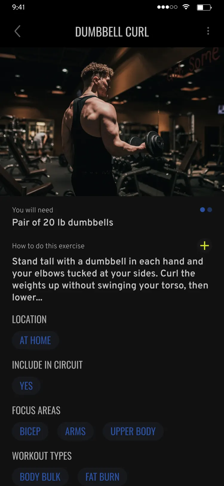 The Gift Fitness app — exercise detail with equipment, coaching instructions and tags