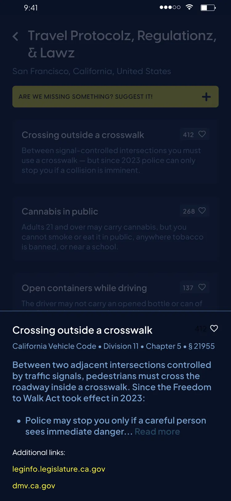 Travel Hackerz app — Lawz screen with per-city statutes and official sources
