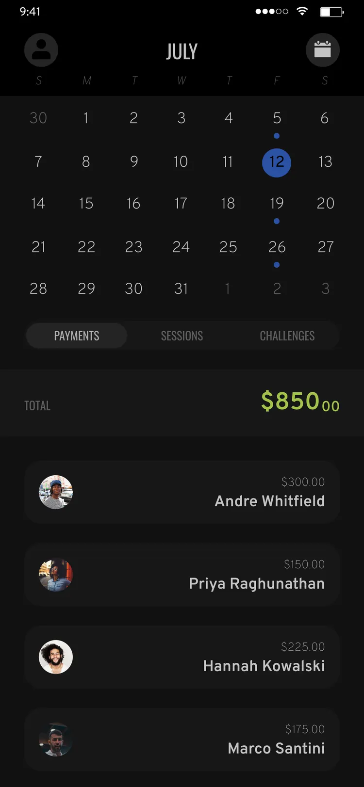 The Gift Fitness Flutter app — trainer earnings calendar with payout dates and monthly total