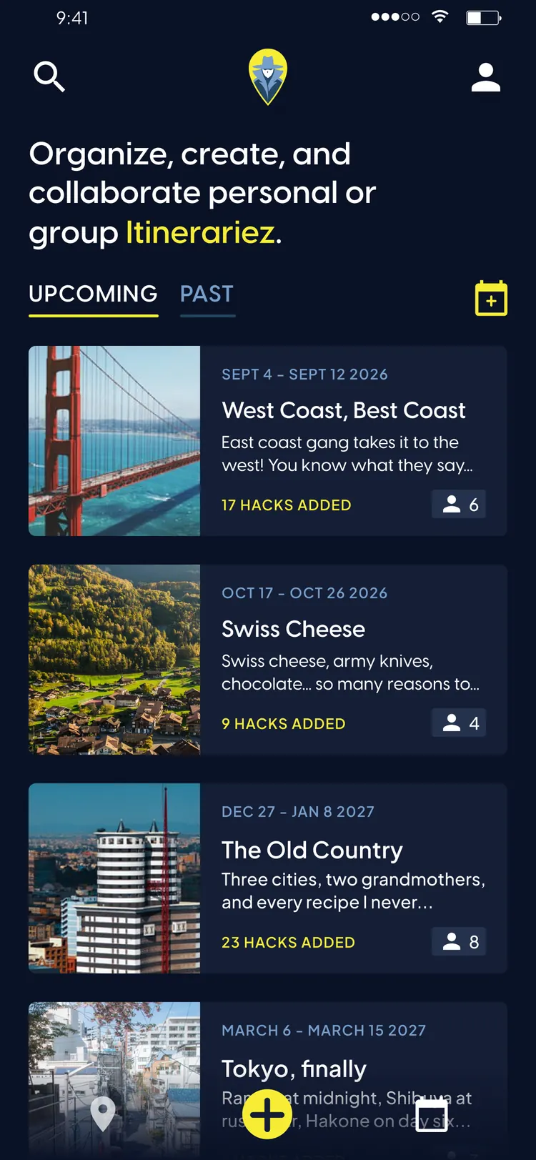 Travel Hackerz app — Itinerariez with saved and shared upcoming trips