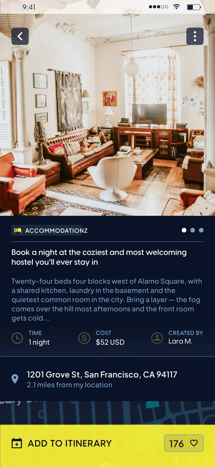 Travel Hackerz app — accommodation hack detail with cost, duration and author