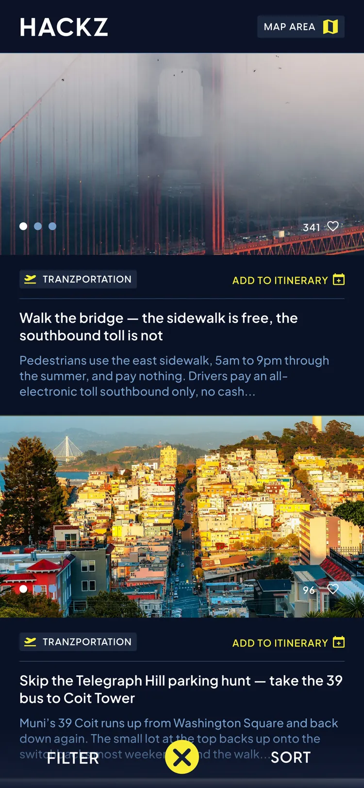 Travel Hackerz app — Hackz list filtered to Tranzportation
