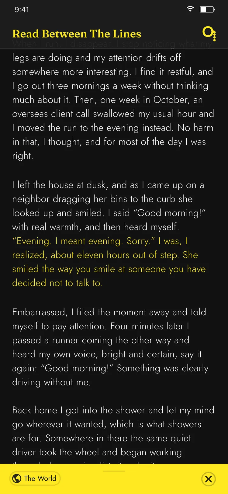 Monocle iOS app — highlighted passage with reader replies in the margins