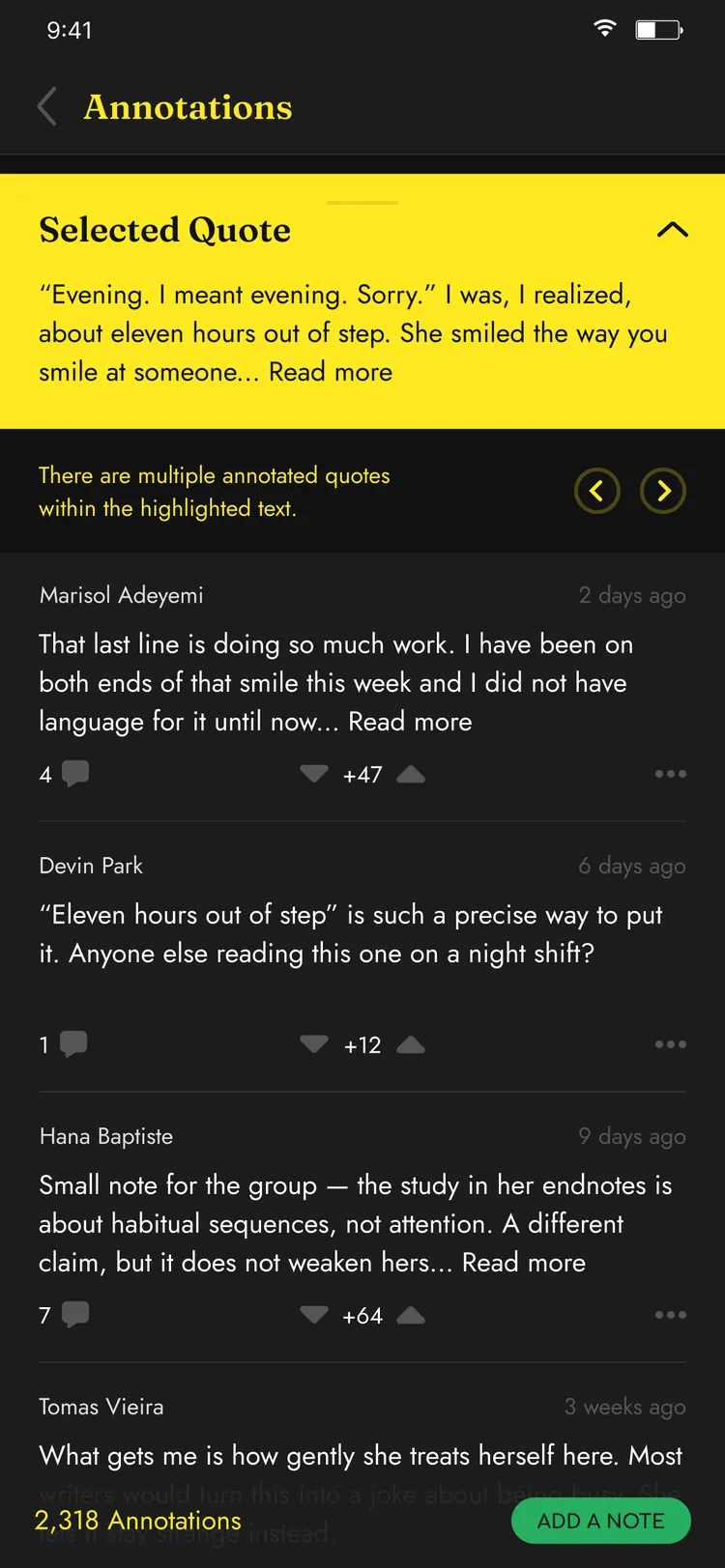 Monocle app — annotations on a selected quote from four readers