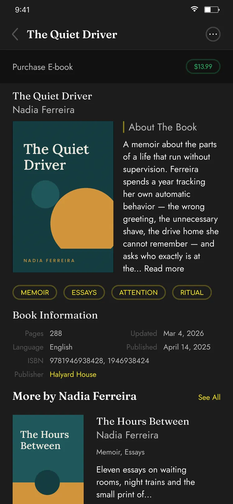 Monocle app — book detail with description and reader activity