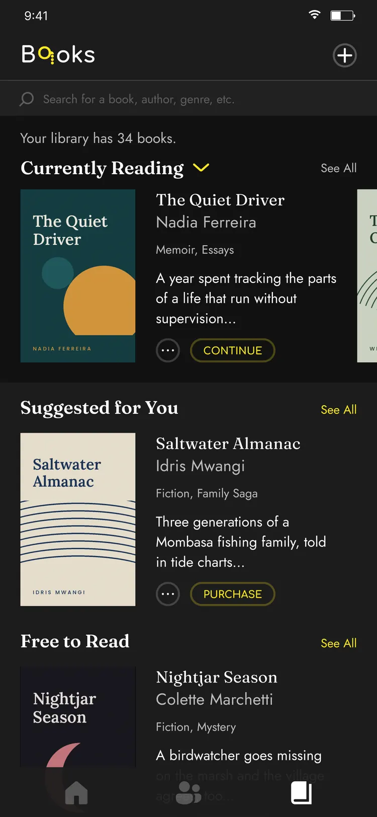 Monocle app — library organised into three shelves