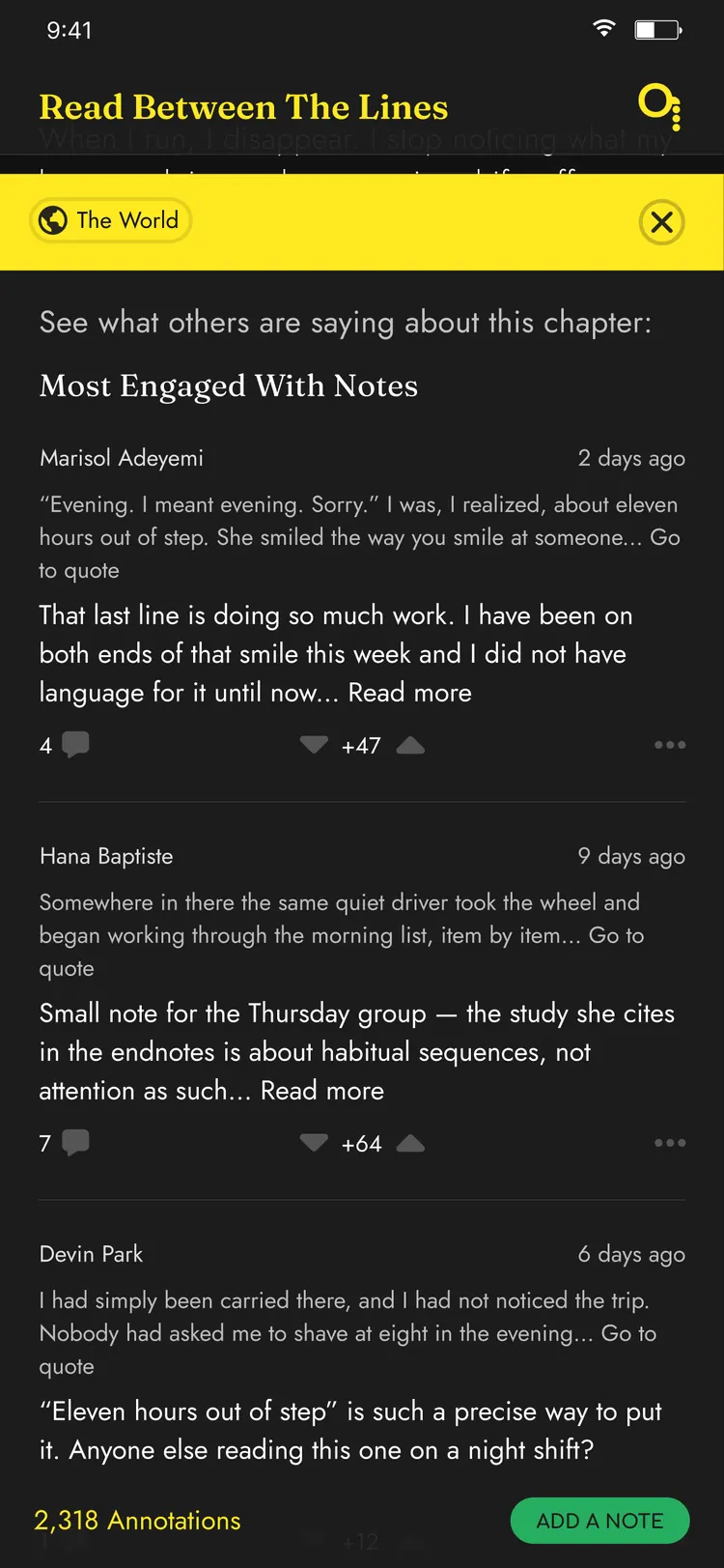 Monocle app — chapter discussion digest of the most engaged-with notes