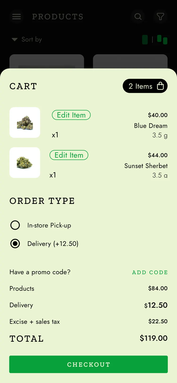 Official Cali Connect app — cart and checkout with pickup or delivery and a tax breakdown