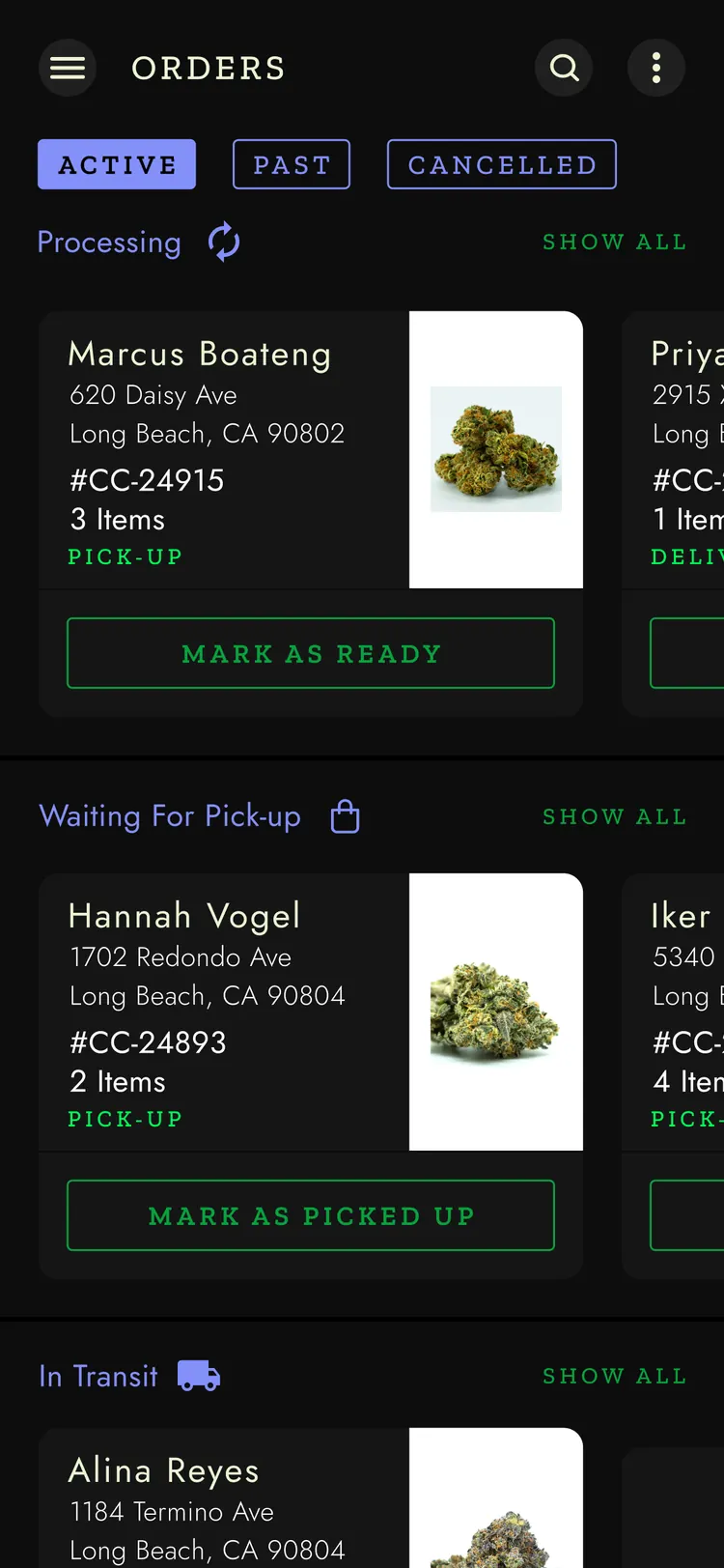 Official Cali Connect app — dispensary orders queue banded by fulfilment stage