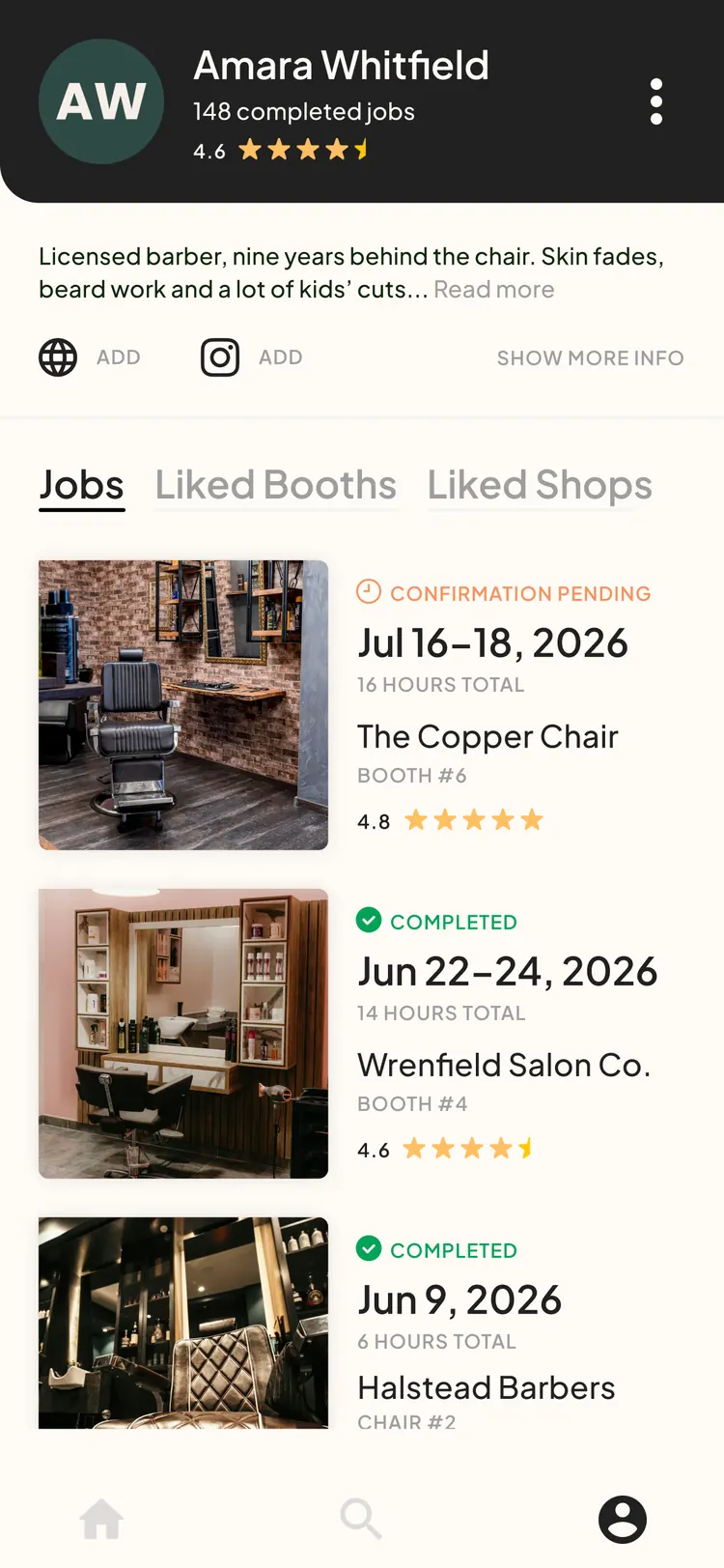 PUSH app — the stylist's booked jobs list