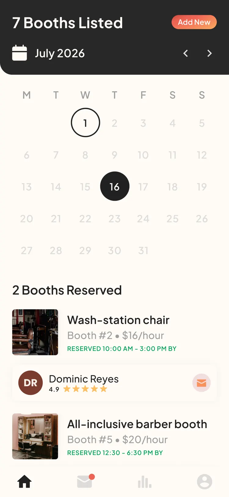 PUSH app — shop owner calendar with booths by status