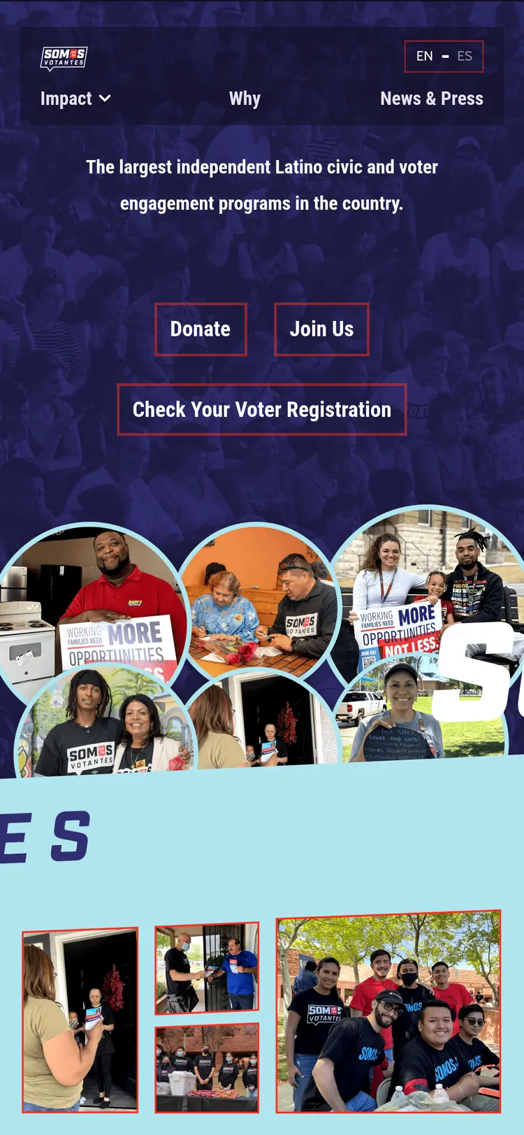 Somos Votantes Webflow site — mobile homepage with donate, join and voter registration calls to action