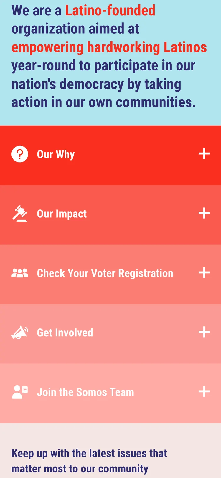 Somos Votantes Webflow site — mission statement above the issues accordion