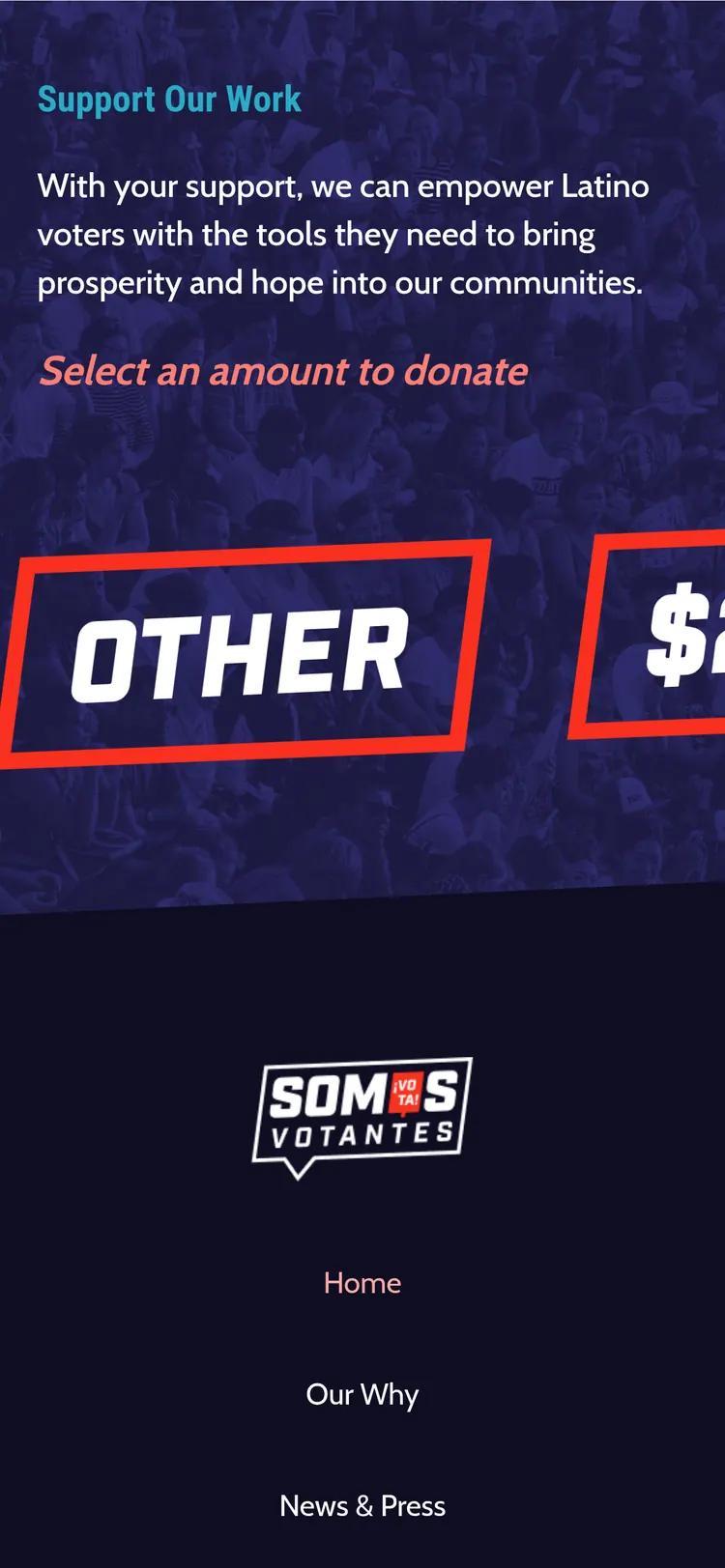 Somos Votantes Webflow site — Support Our Work donation amount picker