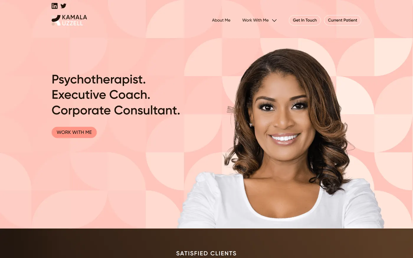 Dr. Kamala Webflow site — desktop homepage hero with the psychotherapist, executive coach and corporate consultant positioning