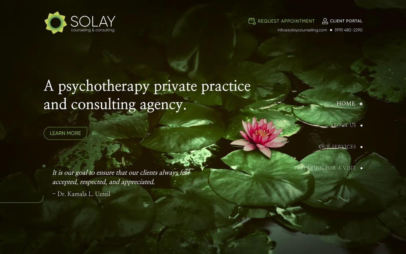 Solay Counseling Webflow site — desktop homepage with request appointment, client portal and the scroll-spy navigation