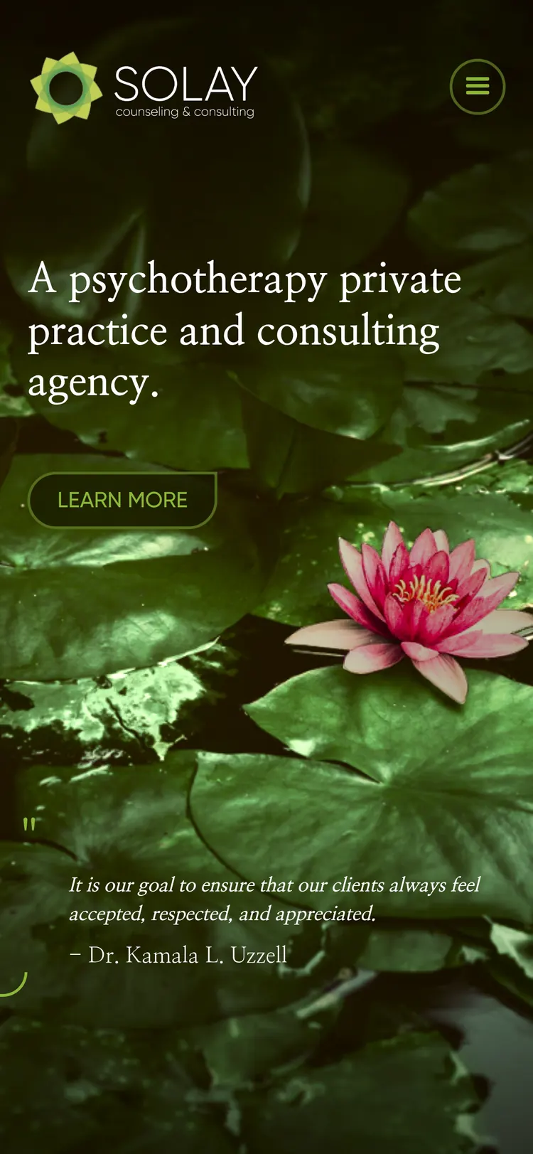 Solay Counseling Webflow site — mobile hero with the practice statement over a lily-pond photograph