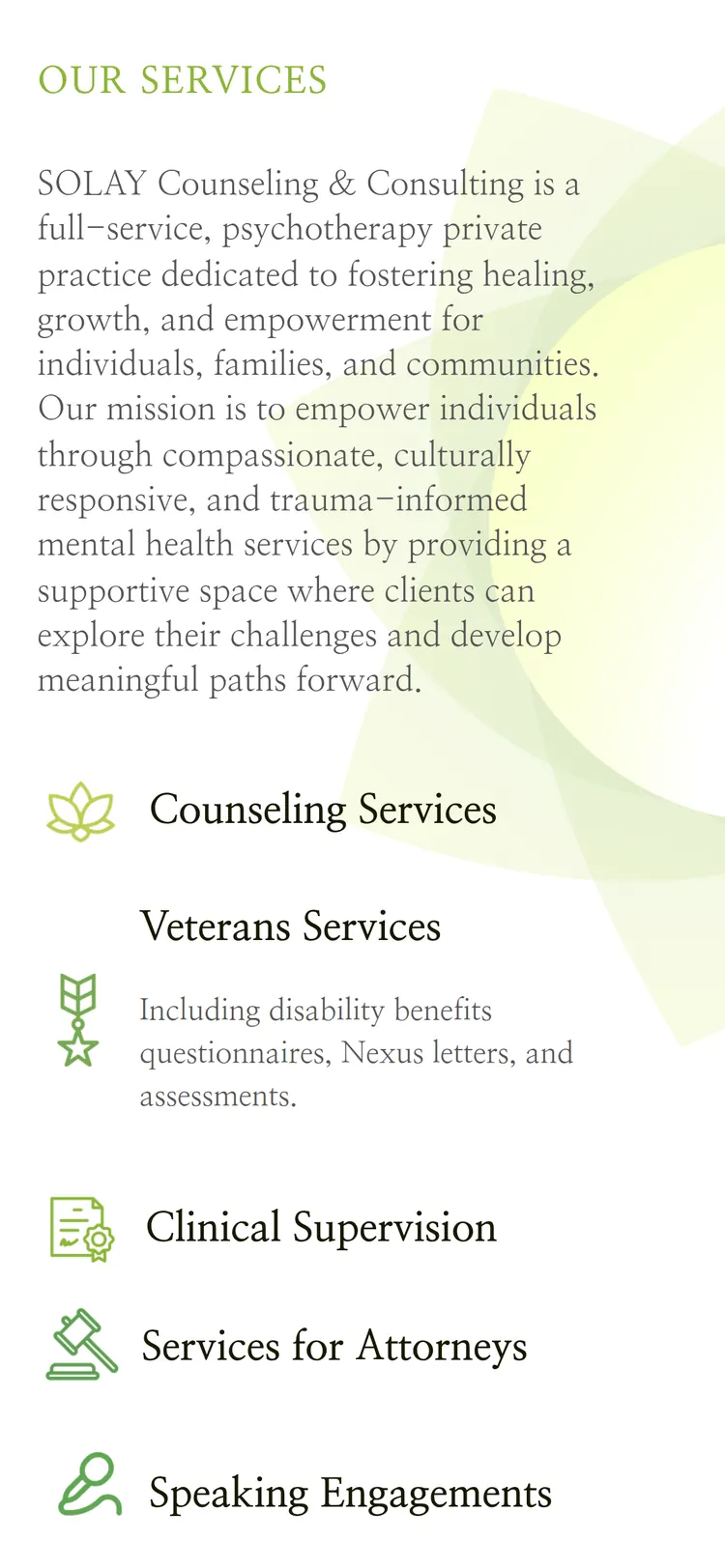 Solay Counseling Webflow site — Our Services section listing all five service lines