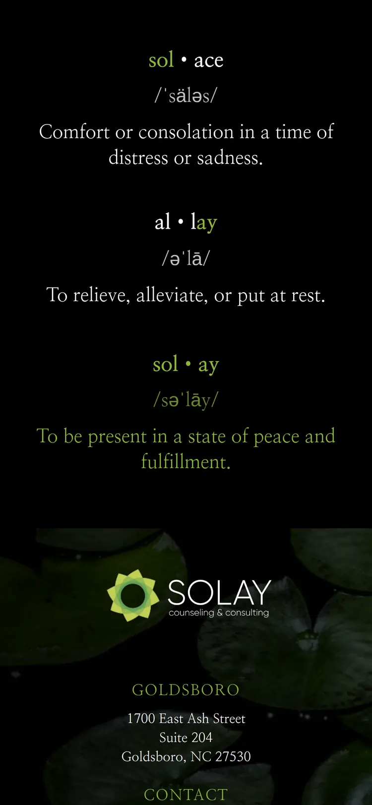 Solay Counseling Webflow site — the sol·ace and al·lay naming rationale with the Goldsboro office block