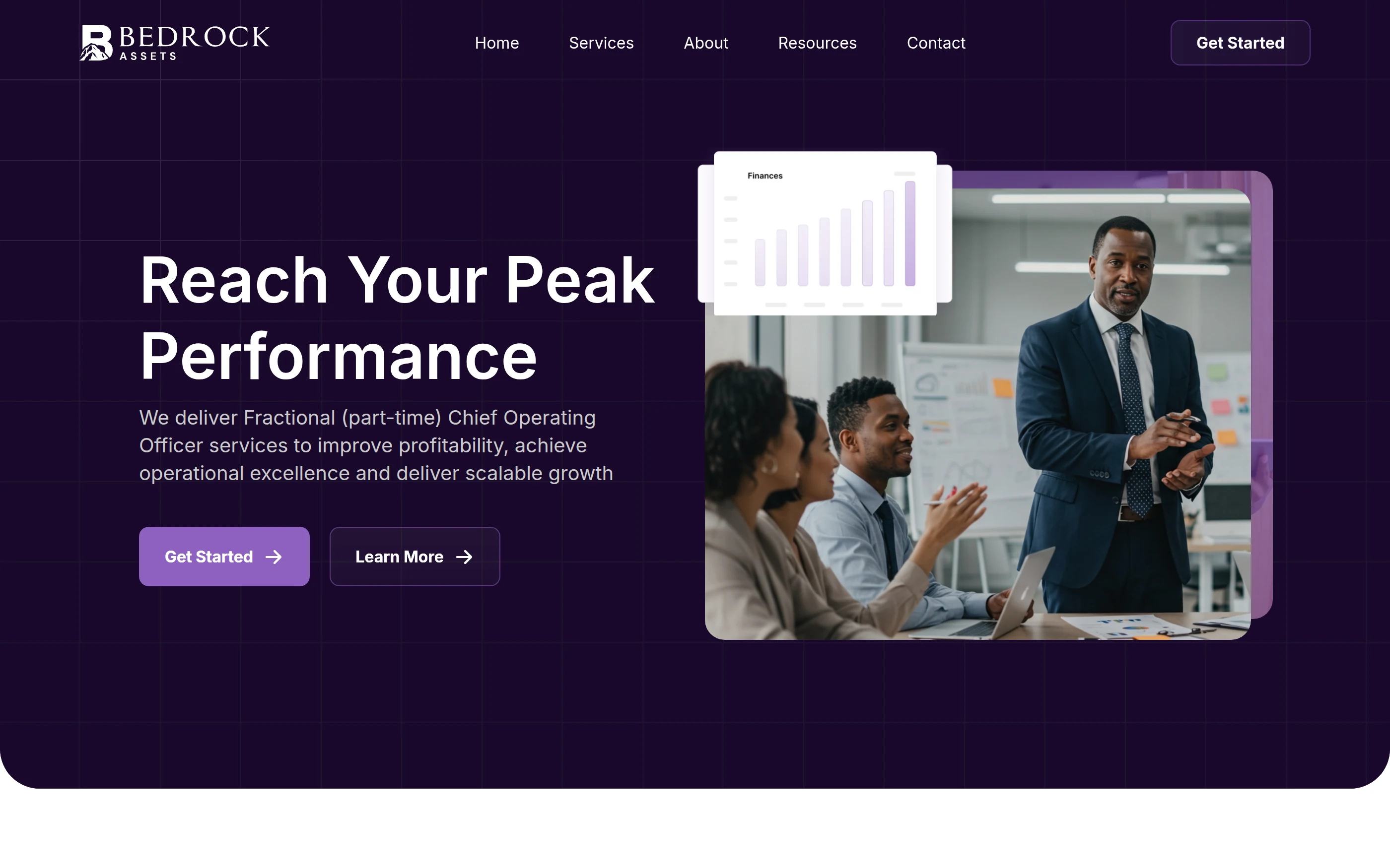 Bedrock Assets Webflow site — desktop homepage hero with the fractional Chief Operating Officer positioning and Get Started call to action