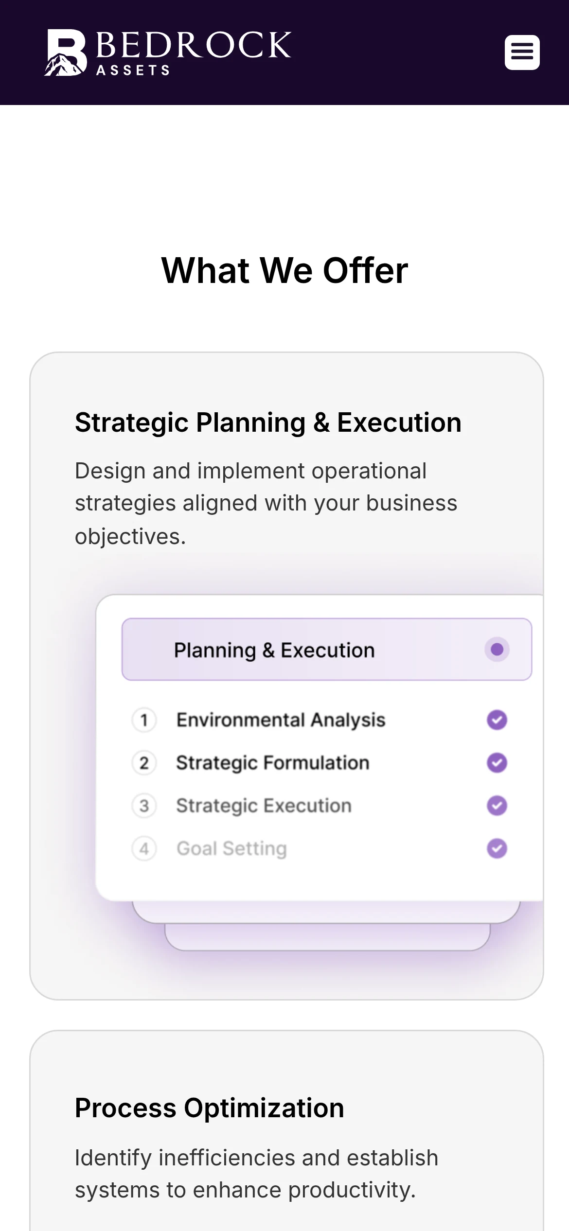 Bedrock Assets Webflow site — What We Offer with the strategic planning and process optimization service cards