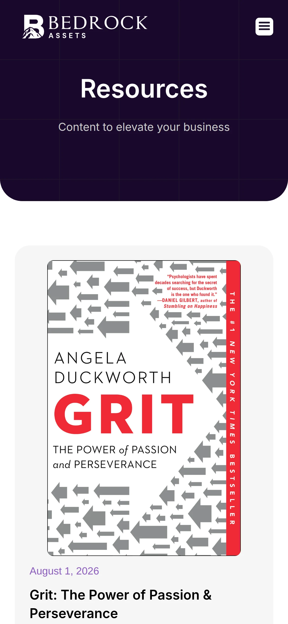 Bedrock Assets Webflow site — the client-published Resources page with the reading list entry dated August 2026