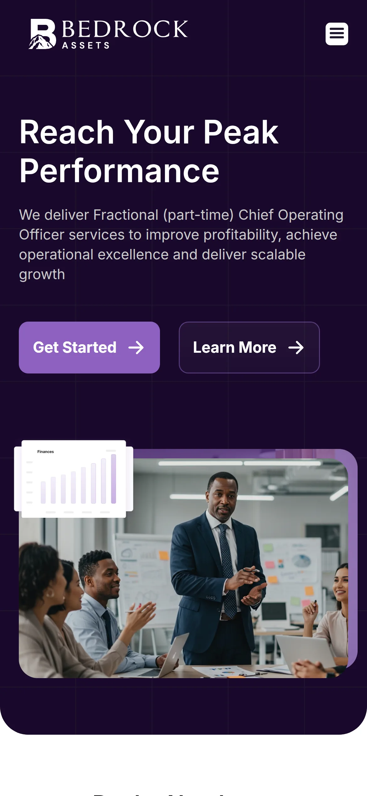 Bedrock Assets Webflow site — mobile homepage hero with the Reach Your Peak Performance headline and fractional Chief Operating Officer positioning