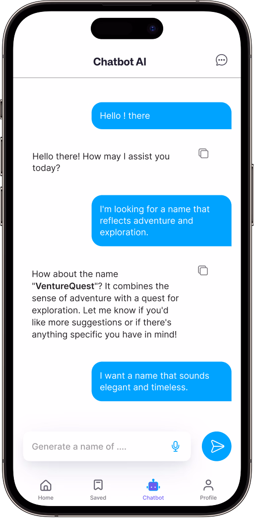 Smartphone screen displays a Chatbot AI conversation where the user asks for a name reflecting adventure and exploration, and the chatbot suggests "VentureQuest" combining adventure and a quest, then the user requests an elegant and timeless name.