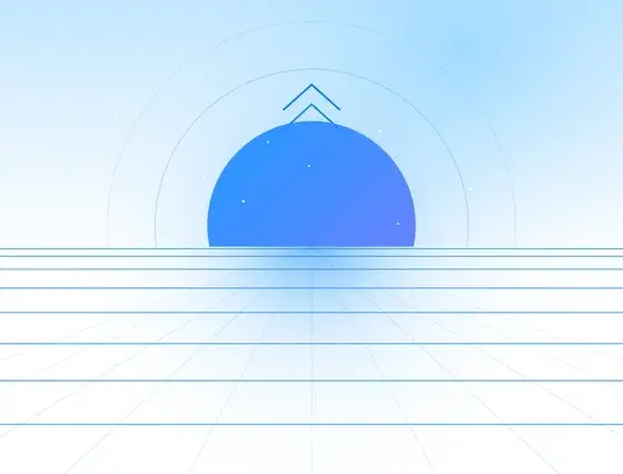 Abstract blue circle centered on a light blue gradient background, with concentric circles around it and horizontal and vertical grid lines extending outward, suggesting depth and perspective.