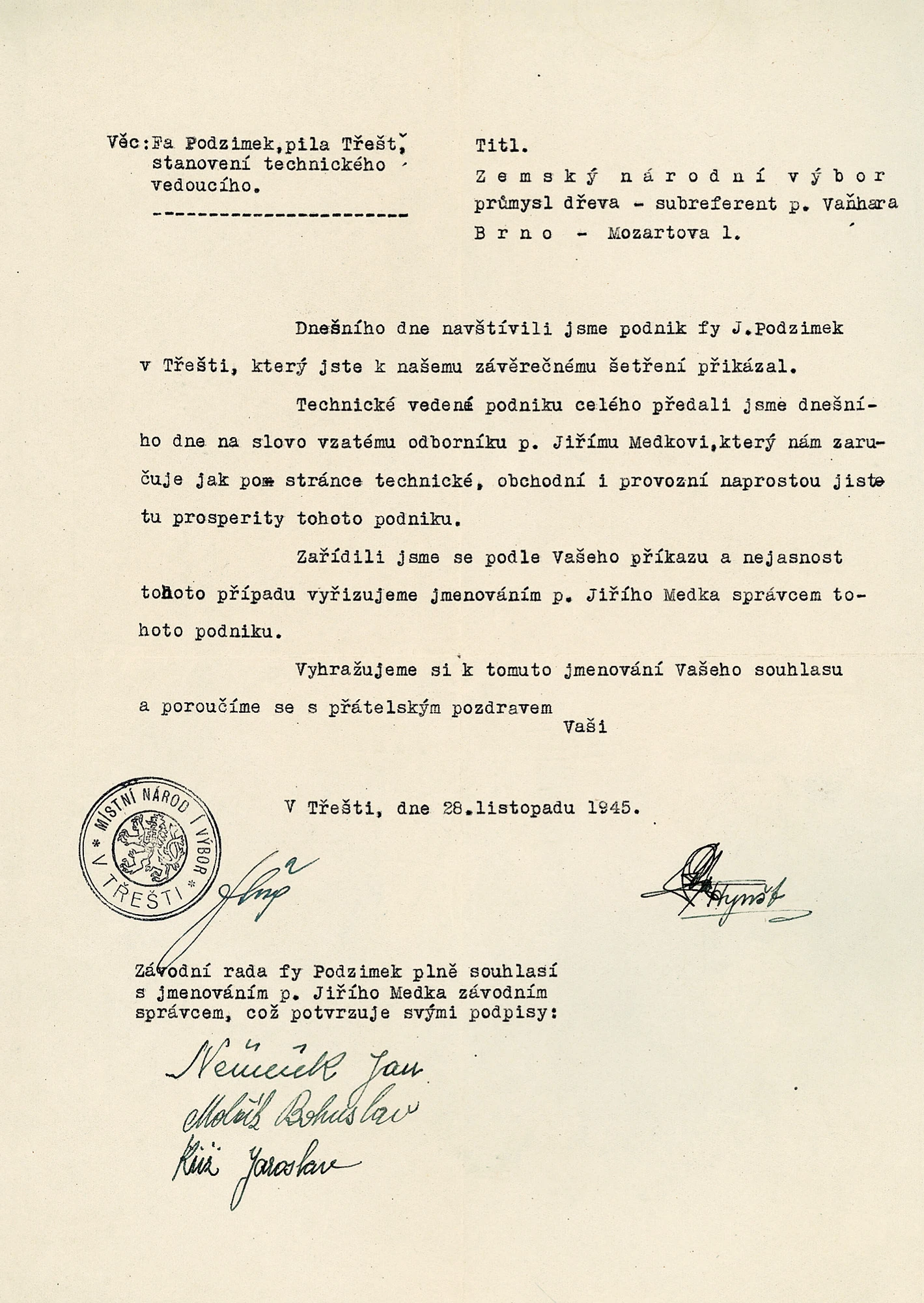 Úřední dokument z období znárodnění firmy Podzimek