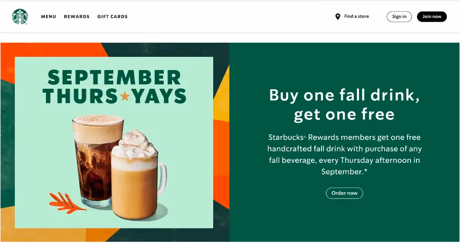 Extrait vert d'une page du site de Starbucks pour une campagne publicitaire saisonnière