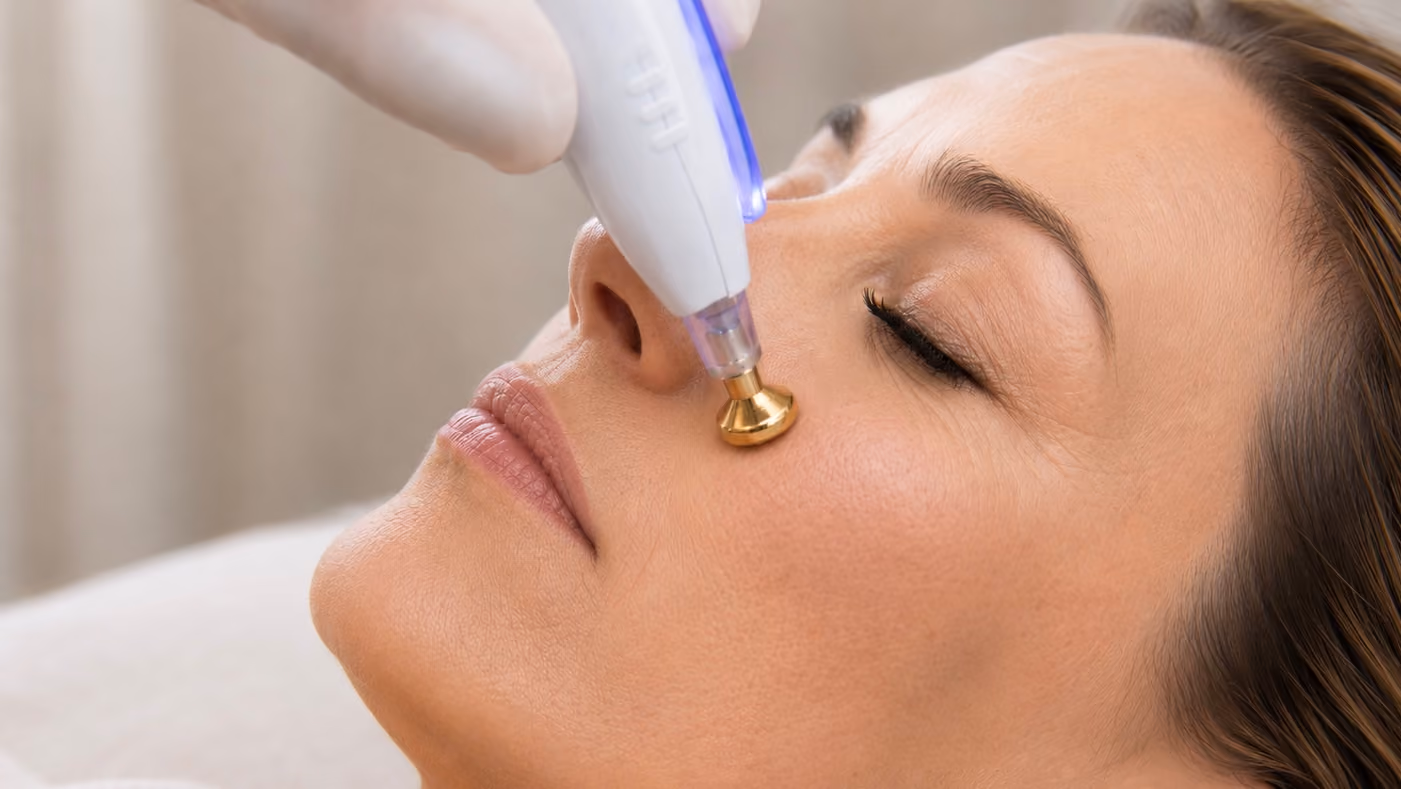 Behandlerin appliziert ein Gerät mit goldener Spitze am Nasenrücken der Kundin