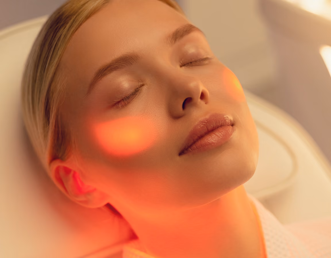 Frau mit geschlossenen Augen erhält eine rote LED-Lichttherapie im Gesichts- und Halsbereich