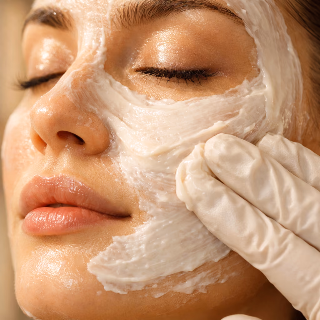 Frau mit weißer Creme-Maske im Gesicht, die von einer Behandlerin mit Handschuhen einmassiert wird